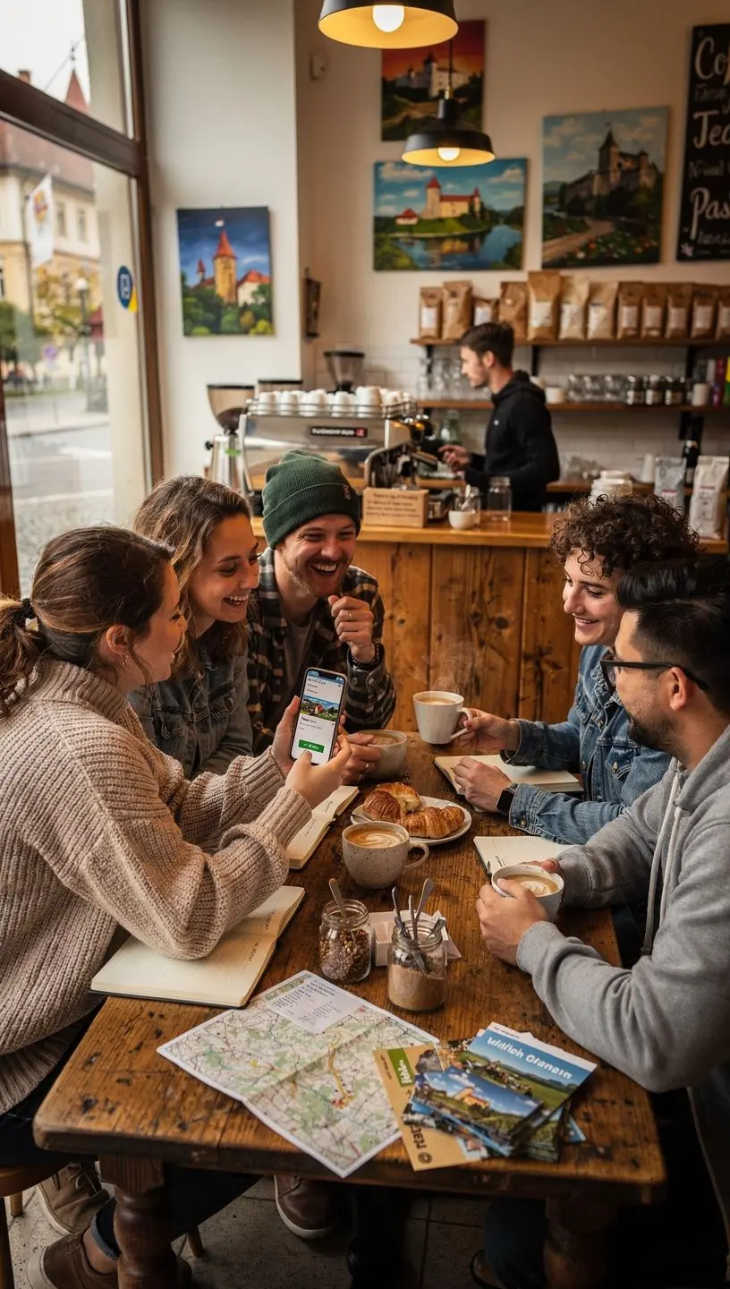Group of tourists enjoying a cultural landmark on a well-planned short break in Slovakia